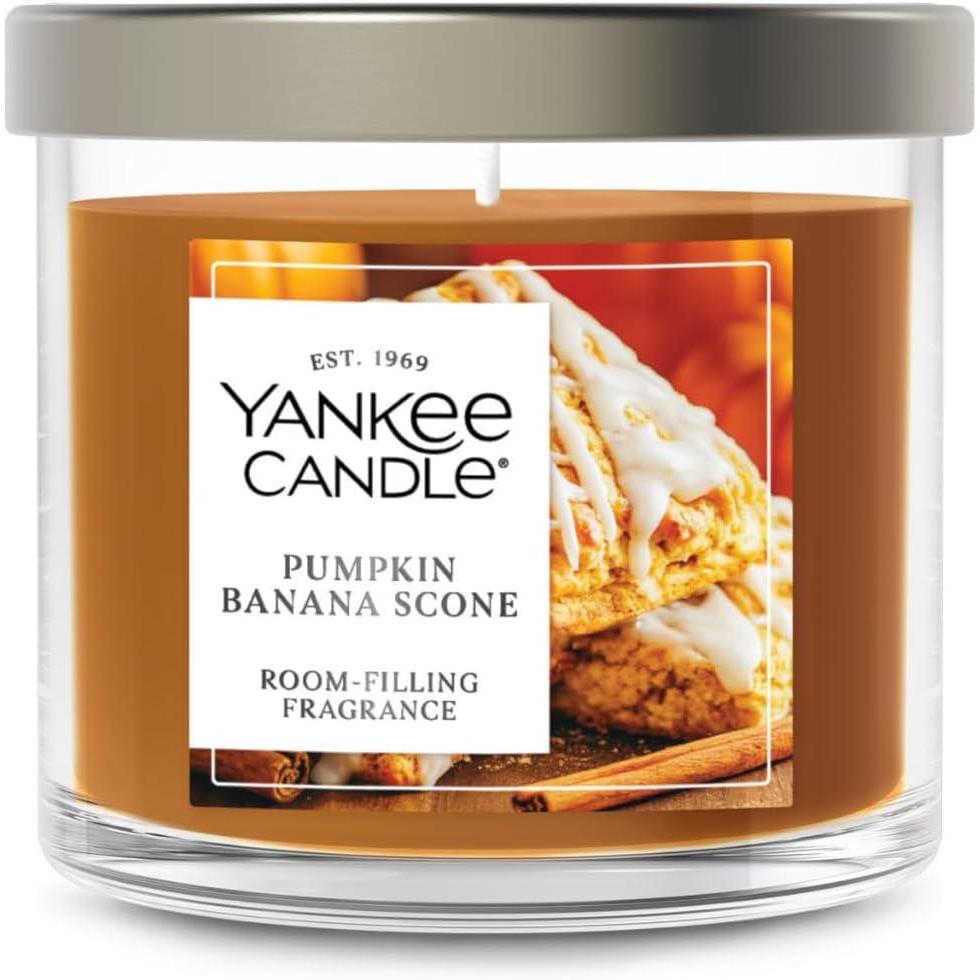 imageYankee Candle Medium Pillar Scented Candle with up to 115 Hour Burn Time Premium Plant Wax Blend for Consistent Burn 1425 oz Pillar Candle with Room Filling Fragrance Pumpkin Banana SconePumpkin Banana Scone