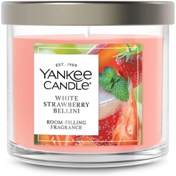 imageYankee Candle Medium Pillar Scented Candle with up to 115 Hour Burn Time Premium Plant Wax Blend for Consistent Burn 1425 oz Pillar Candle with Room Filling Fragrance Pink SandsWhite Strawberry Bellini