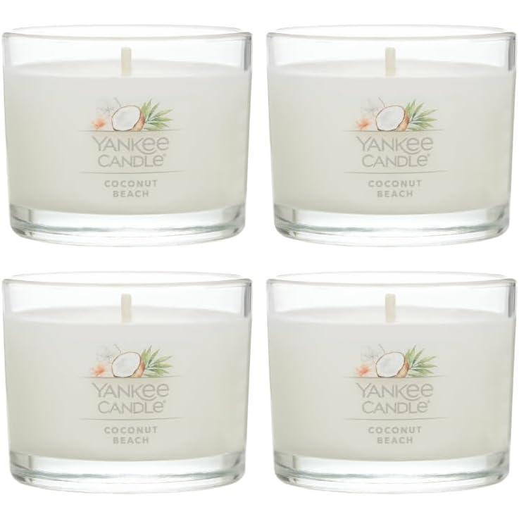 imageYankee Candle Signature Votive Mini Candle Jar Coconut Beach Scent Natural Soy Wax Blend Candle with Natural Fiber Wick 13 OZ Glass Jar Pack of 4Coconut Beach