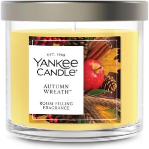 Yankee Candle Medium Pillar Scented Candle with up to 115 Hour Burn Time, Premium Plant Wax Blend for Consistent Burn, 14.25 oz Pillar Candle with Room Filling Fragrance, Pumpkin Banana Scone(Autumn Wreath)