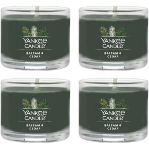 Yankee Candle Signature Votive Mini Candle Jar, Balsam & Cedar Scent, Natural Soy Wax Blend Candle with Natural Fiber Wick, 1.3 OZ Glass Jar (Pack of 4)(Balsam Cedar)