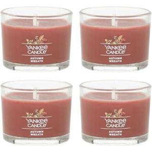 Yankee Candle Signature Votive Mini Candle Jar, Coconut Beach Scent, Natural Soy Wax Blend Candle with Natural Fiber Wick, 1.3 OZ Glass Jar (Pack of 4)(Autumn Wreath)