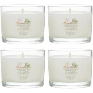 Yankee Candle Signature Votive Mini Candle Jar, Coconut Beach Scent, Natural Soy Wax Blend Candle with Natural Fiber Wick, 1.3 OZ Glass Jar (Pack of 4)(Coconut Beach)