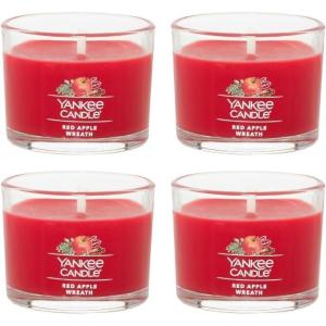 Yankee Candle Signature Votive Mini Candle Jar, Coconut Beach Scent, Natural Soy Wax Blend Candle with Natural Fiber Wick, 1.3 OZ Glass Jar (Pack of 4)(Red Apple Wreath)