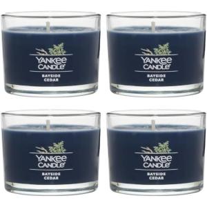Yankee Candle Signature Votive Mini Candle Jar, Midsummer’s Night Scent, Natural Soy Wax Blend Candle with Natural Fiber Wick, 1.3 OZ Glass Jar (Pack of 4)(Bayside Cedar)
