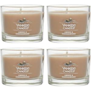 Yankee Candle Signature Votive Mini Candle Jar, Vanilla Cupcake Scent, Natural Soy Wax Blend Candle with Natural Fiber Wick, 1.3 OZ Glass Jar (Pack of 4)(Amber & Sandalwood)